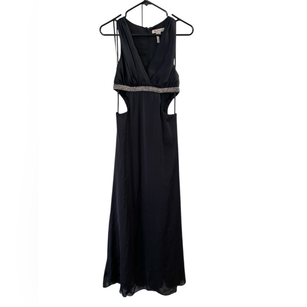 Black formal long beaded v neck dress a line